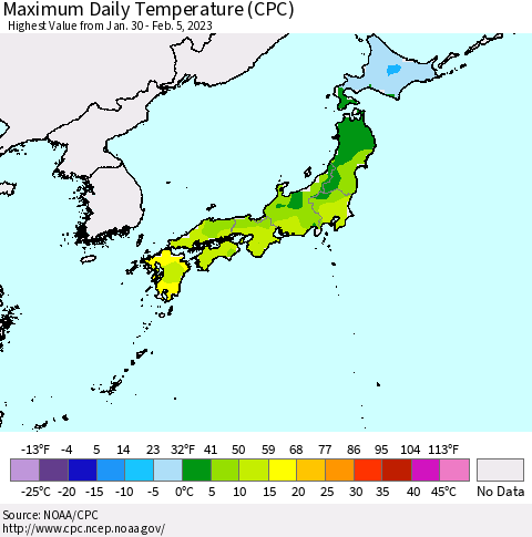 Japan Maximum Daily Temperature (CPC) Thematic Map For 1/30/2023 - 2/5/2023