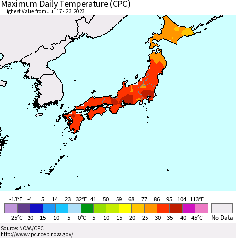 Japan Maximum Daily Temperature (CPC) Thematic Map For 7/17/2023 - 7/23/2023