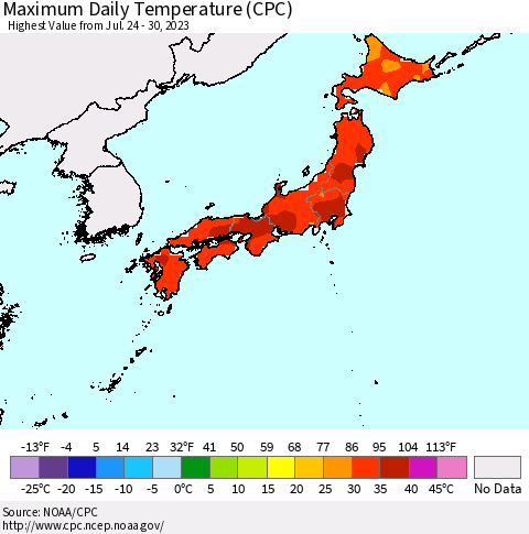 Japan Maximum Daily Temperature (CPC) Thematic Map For 7/24/2023 - 7/30/2023