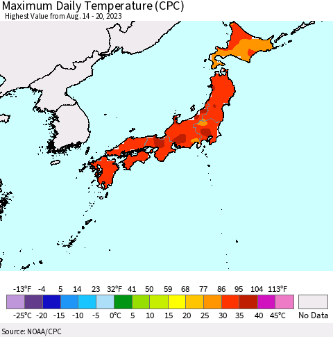 Japan Maximum Daily Temperature (CPC) Thematic Map For 8/14/2023 - 8/20/2023