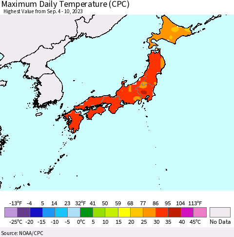 Japan Maximum Daily Temperature (CPC) Thematic Map For 9/4/2023 - 9/10/2023