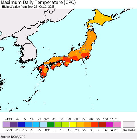 Japan Maximum Daily Temperature (CPC) Thematic Map For 9/25/2023 - 10/1/2023
