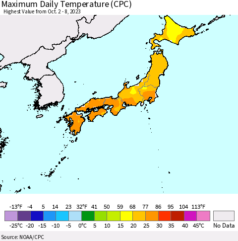 Japan Maximum Daily Temperature (CPC) Thematic Map For 10/2/2023 - 10/8/2023
