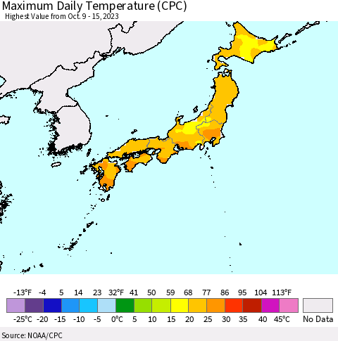 Japan Maximum Daily Temperature (CPC) Thematic Map For 10/9/2023 - 10/15/2023