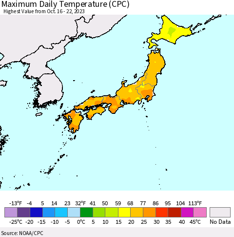 Japan Maximum Daily Temperature (CPC) Thematic Map For 10/16/2023 - 10/22/2023