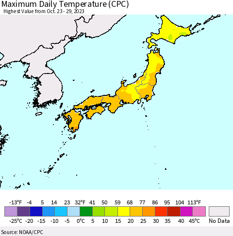Japan Maximum Daily Temperature (CPC) Thematic Map For 10/23/2023 - 10/29/2023