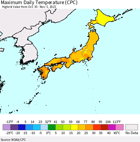 Japan Maximum Daily Temperature (CPC) Thematic Map For 10/30/2023 - 11/5/2023