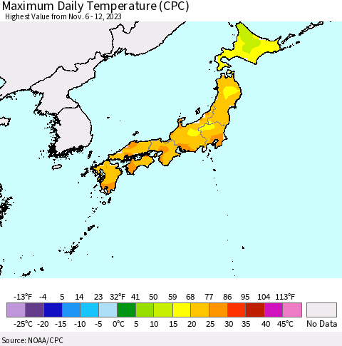 Japan Maximum Daily Temperature (CPC) Thematic Map For 11/6/2023 - 11/12/2023