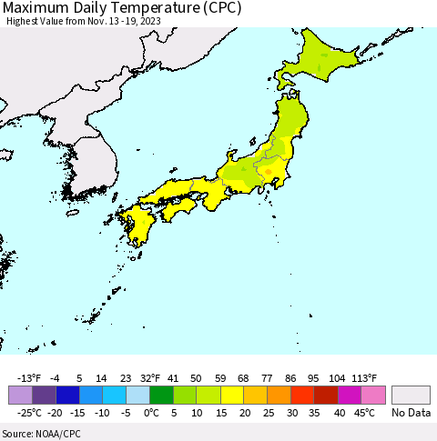 Japan Maximum Daily Temperature (CPC) Thematic Map For 11/13/2023 - 11/19/2023