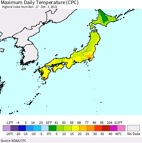 Japan Maximum Daily Temperature (CPC) Thematic Map For 11/27/2023 - 12/3/2023