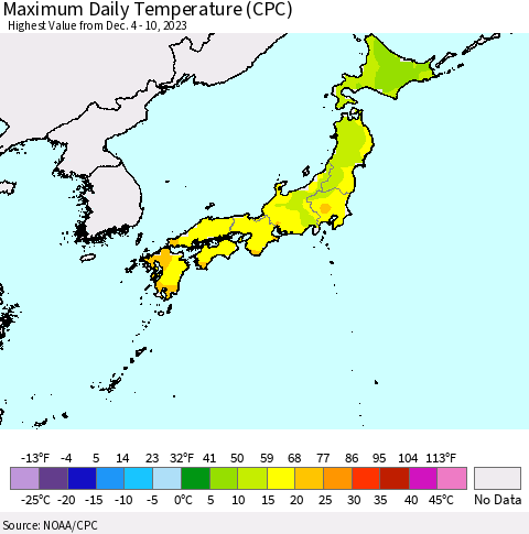 Japan Maximum Daily Temperature (CPC) Thematic Map For 12/4/2023 - 12/10/2023