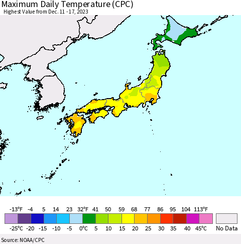 Japan Maximum Daily Temperature (CPC) Thematic Map For 12/11/2023 - 12/17/2023