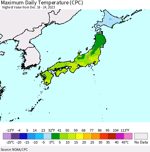 Japan Maximum Daily Temperature (CPC) Thematic Map For 12/18/2023 - 12/24/2023