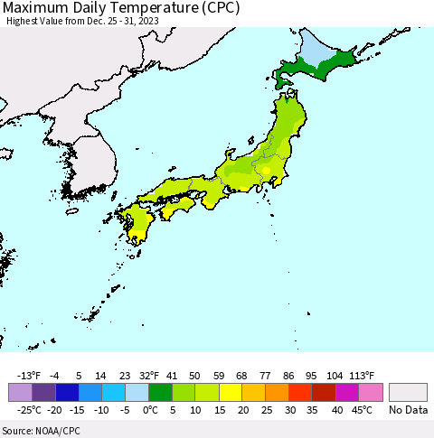 Japan Maximum Daily Temperature (CPC) Thematic Map For 12/25/2023 - 12/31/2023