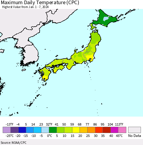 Japan Maximum Daily Temperature (CPC) Thematic Map For 1/1/2024 - 1/7/2024