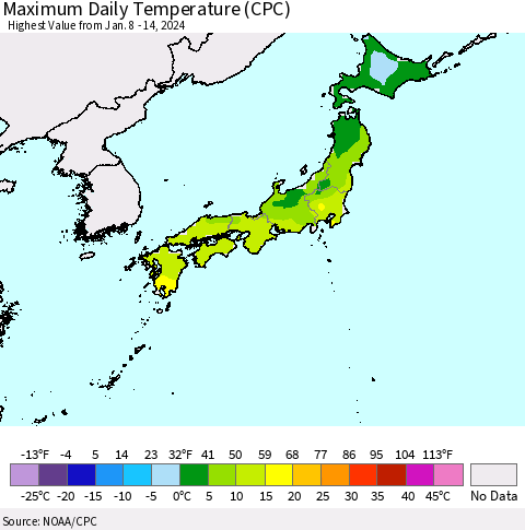 Japan Maximum Daily Temperature (CPC) Thematic Map For 1/8/2024 - 1/14/2024