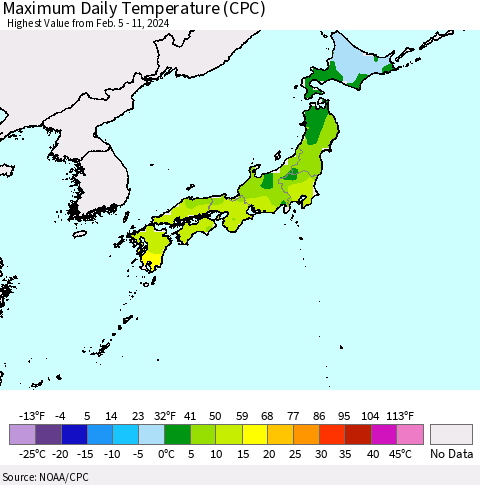 Japan Maximum Daily Temperature (CPC) Thematic Map For 2/5/2024 - 2/11/2024