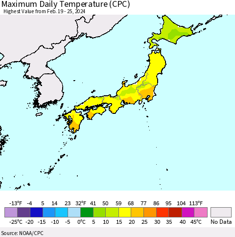Japan Maximum Daily Temperature (CPC) Thematic Map For 2/19/2024 - 2/25/2024