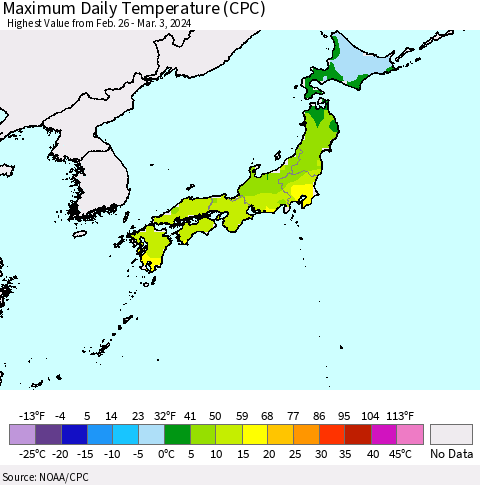 Japan Maximum Daily Temperature (CPC) Thematic Map For 2/26/2024 - 3/3/2024