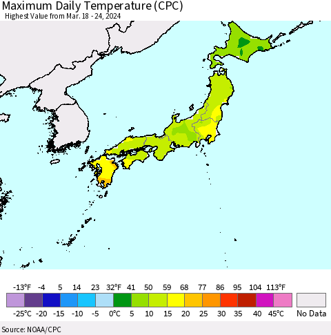 Japan Maximum Daily Temperature (CPC) Thematic Map For 3/18/2024 - 3/24/2024