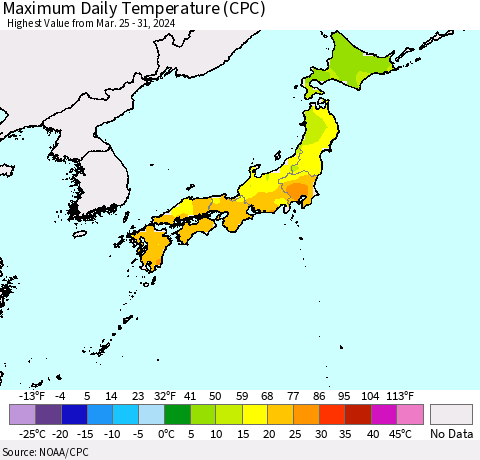 Japan Maximum Daily Temperature (CPC) Thematic Map For 3/25/2024 - 3/31/2024