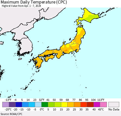 Japan Maximum Daily Temperature (CPC) Thematic Map For 4/1/2024 - 4/7/2024