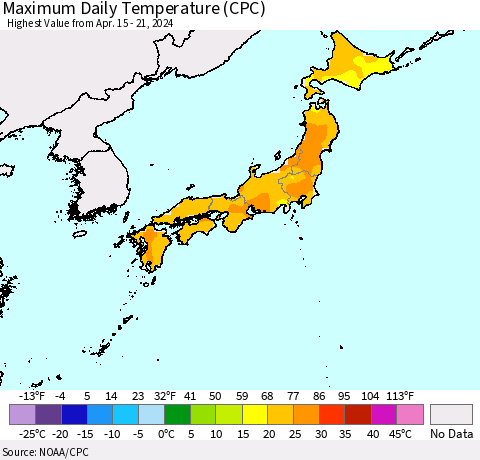 Japan Maximum Daily Temperature (CPC) Thematic Map For 4/15/2024 - 4/21/2024