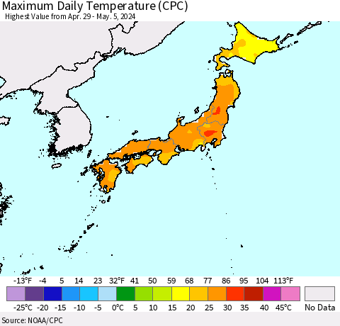 Japan Maximum Daily Temperature (CPC) Thematic Map For 4/29/2024 - 5/5/2024