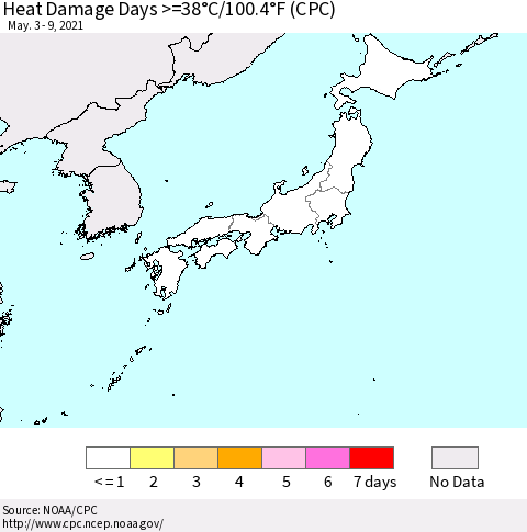 Japan Heat Damage Days >=38°C/100°F (CPC) Thematic Map For 5/3/2021 - 5/9/2021