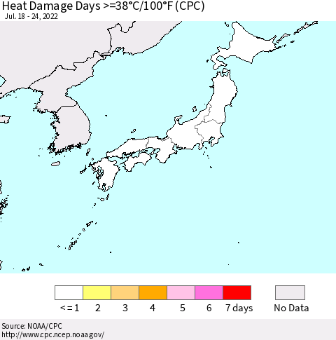 Japan Heat Damage Days >=38°C/100°F (CPC) Thematic Map For 7/18/2022 - 7/24/2022