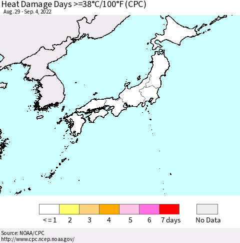 Japan Heat Damage Days >=38°C/100°F (CPC) Thematic Map For 8/29/2022 - 9/4/2022