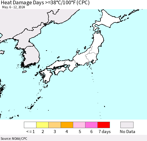 Japan Heat Damage Days >=38°C/100°F (CPC) Thematic Map For 5/6/2024 - 5/12/2024