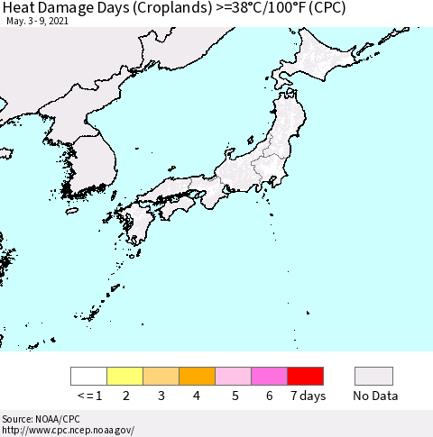 Japan Heat Damage Days (Croplands) >=38°C/100°F (CPC) Thematic Map For 5/3/2021 - 5/9/2021