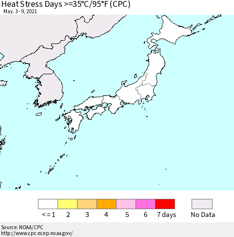 Japan Heat Stress Days >=35°C/95°F (CPC) Thematic Map For 5/3/2021 - 5/9/2021