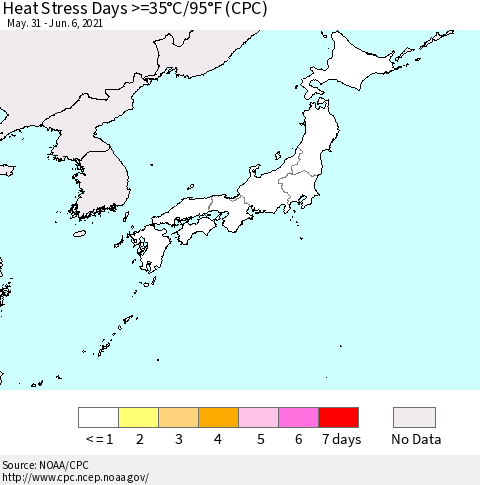 Japan Heat Stress Days >=35°C/95°F (CPC) Thematic Map For 5/31/2021 - 6/6/2021