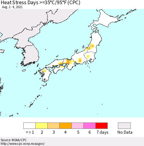 Japan Heat Stress Days >=35°C/95°F (CPC) Thematic Map For 8/2/2021 - 8/8/2021