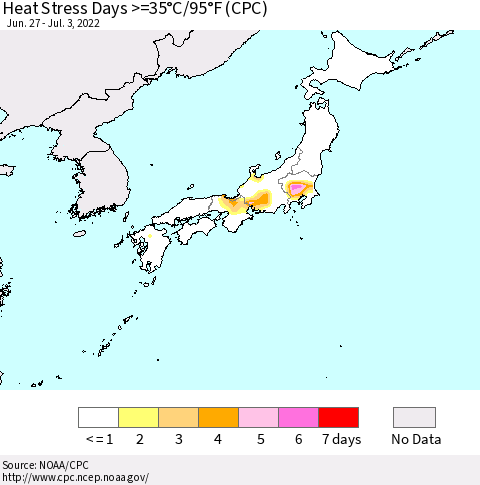 Japan Heat Stress Days >=35°C/95°F (CPC) Thematic Map For 6/27/2022 - 7/3/2022