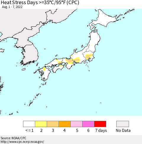 Japan Heat Stress Days >=35°C/95°F (CPC) Thematic Map For 8/1/2022 - 8/7/2022