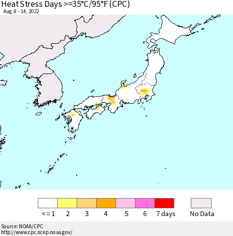 Japan Heat Stress Days >=35°C/95°F (CPC) Thematic Map For 8/8/2022 - 8/14/2022