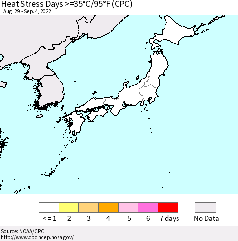 Japan Heat Stress Days >=35°C/95°F (CPC) Thematic Map For 8/29/2022 - 9/4/2022