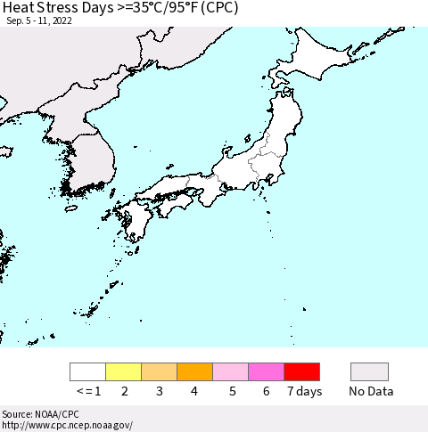 Japan Heat Stress Days >=35°C/95°F (CPC) Thematic Map For 9/5/2022 - 9/11/2022
