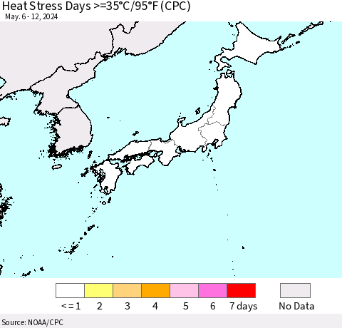 Japan Heat Stress Days >=35°C/95°F (CPC) Thematic Map For 5/6/2024 - 5/12/2024