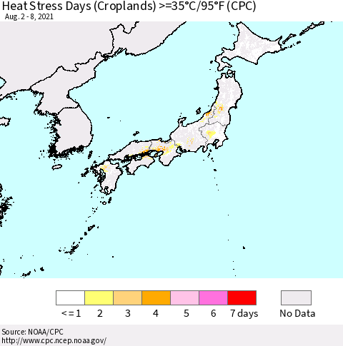 Japan Heat Stress Days (Croplands) >=35°C/95°F (CPC) Thematic Map For 8/2/2021 - 8/8/2021
