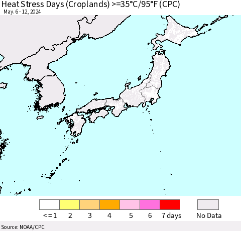 Japan Heat Stress Days (Croplands) >=35°C/95°F (CPC) Thematic Map For 5/6/2024 - 5/12/2024