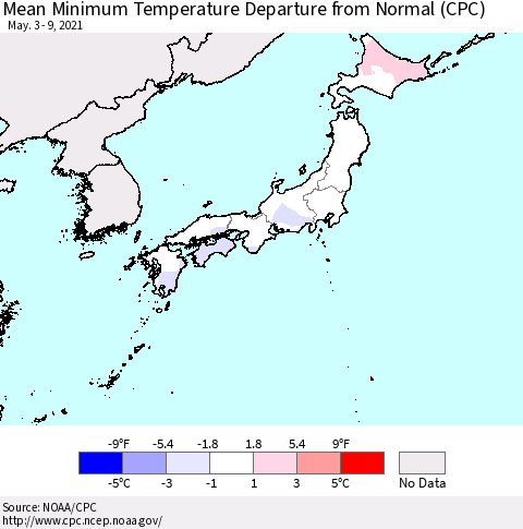Japan Mean Minimum Temperature Departure from Normal (CPC) Thematic Map For 5/3/2021 - 5/9/2021