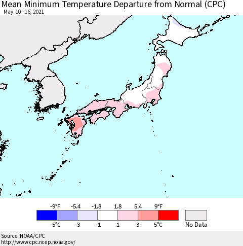 Japan Mean Minimum Temperature Departure from Normal (CPC) Thematic Map For 5/10/2021 - 5/16/2021