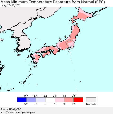 Japan Mean Minimum Temperature Departure from Normal (CPC) Thematic Map For 5/17/2021 - 5/23/2021