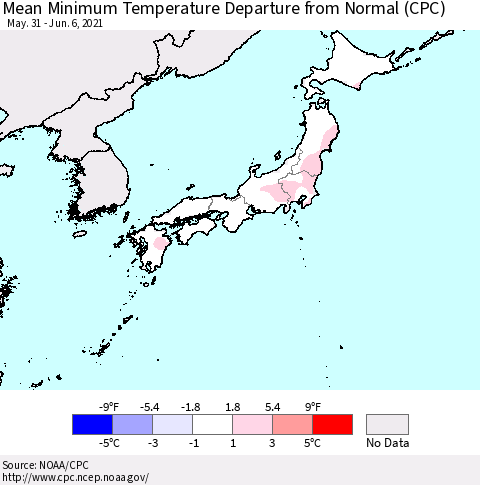 Japan Mean Minimum Temperature Departure from Normal (CPC) Thematic Map For 5/31/2021 - 6/6/2021