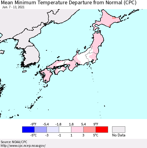 Japan Mean Minimum Temperature Departure from Normal (CPC) Thematic Map For 6/7/2021 - 6/13/2021