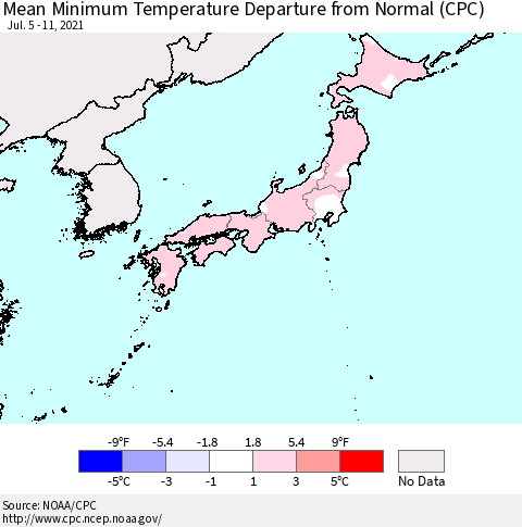 Japan Mean Minimum Temperature Departure from Normal (CPC) Thematic Map For 7/5/2021 - 7/11/2021